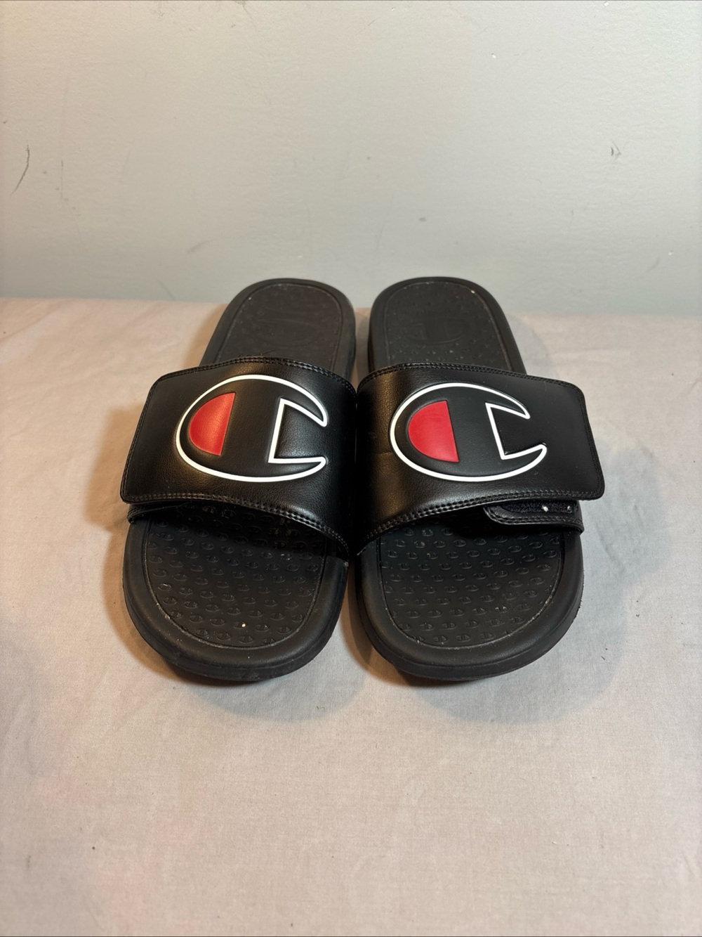 Champion Black Slide Sandals with Red Logo Accent SOLD